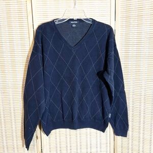 Nautica Men's Navy Blue Diamond Pattern Vneck Collar Heavy Cotton Sweater Large
